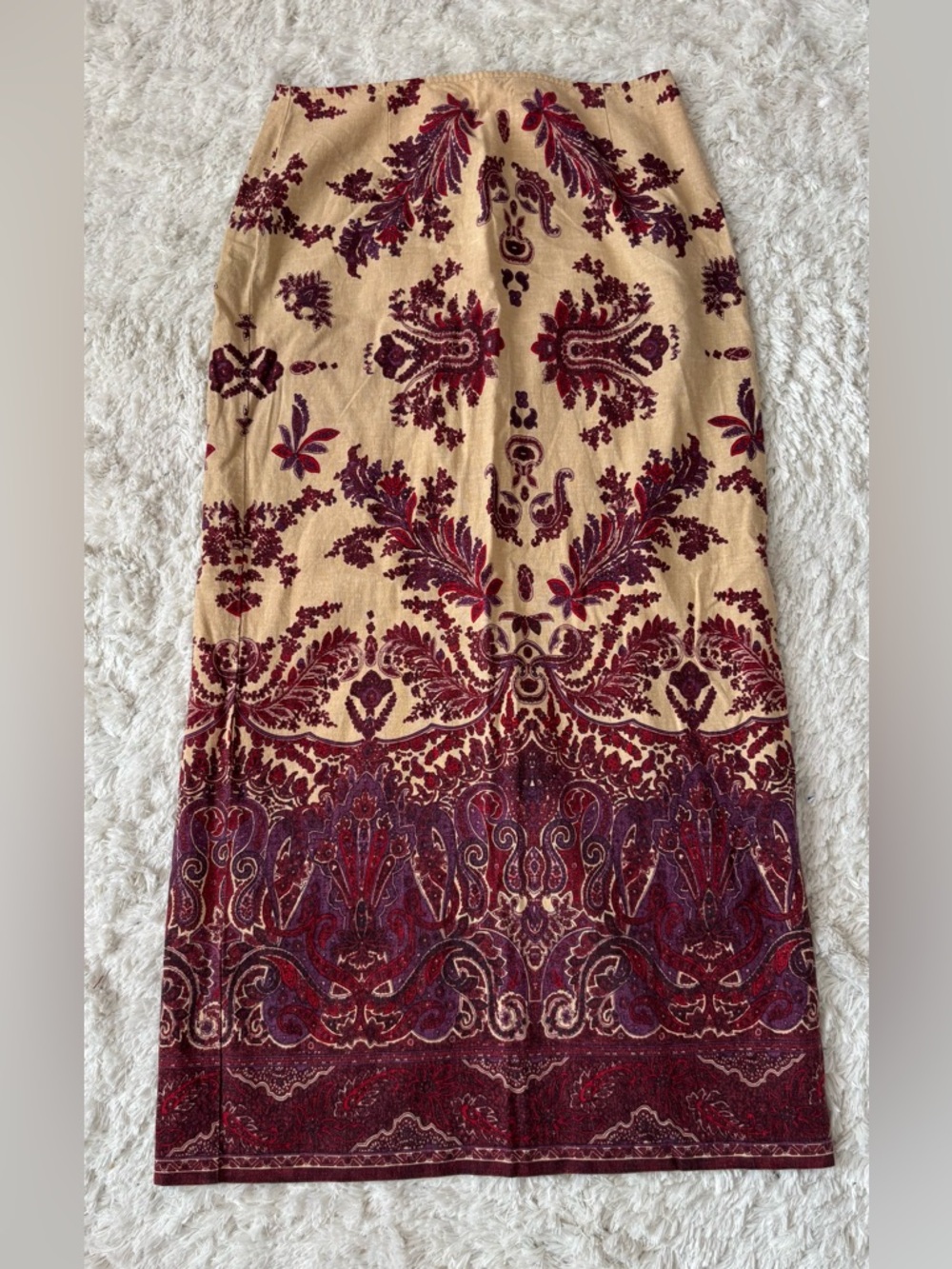 Norton McNaughton Beige Floral Linen Blend Skirt with Burgundy Accents